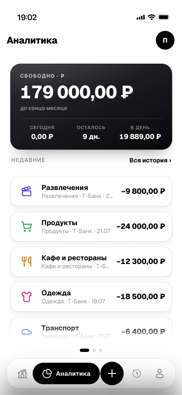 Аналитика Deni: свободно до конца месяца и расходы по категориям